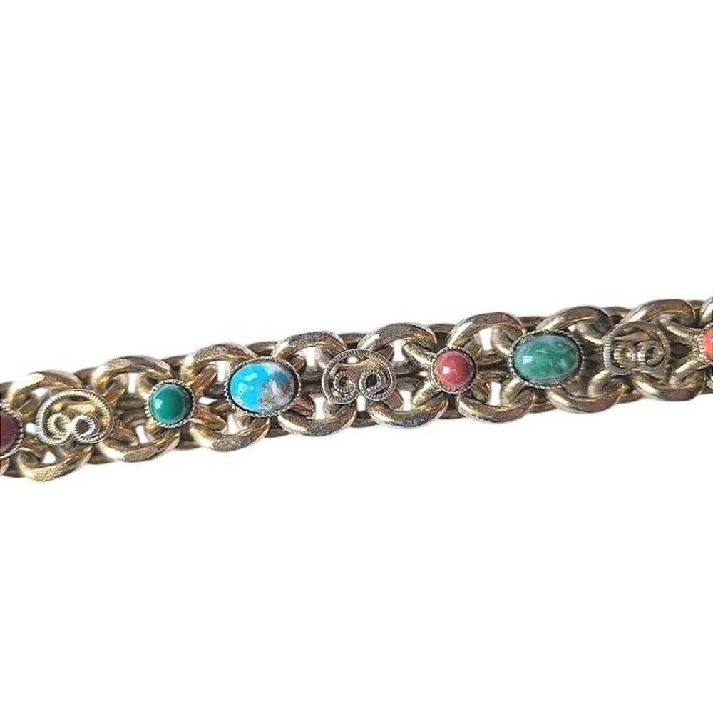 Vintage Cabochon Stone Link Bracelet Boho Byzantine Etruscan Revival Classic